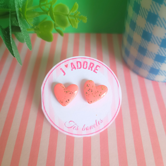 boucles doreilles clou coeur argile polymere pate fimo acier inoxydable  fait main piece unique créateur créatrice  francais vendée rose paillettes or