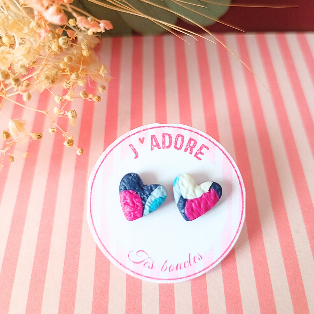 boucles doreilles clou coeur argile polymere pate fimo acier inoxydable  fait main piece unique créateur créatrice  francais vendée bleu blanc rose fuchsia