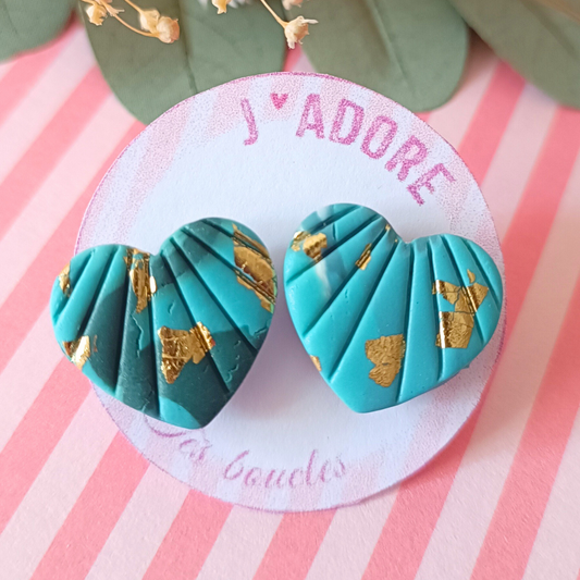 boucles doreilles clou coeur argile polymere pate fimo acier inoxydable  fait main piece unique créateur créatrice  francais vendée bleu feuille or turquoise