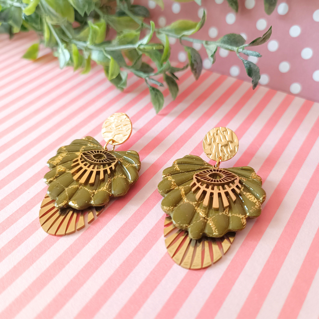 boucles d'oreilles bijoux fimo clou or doré acier inoxydable polymère oeil protecteur chance kaki design creatrice francaise vendee fait main artisanal createur léger