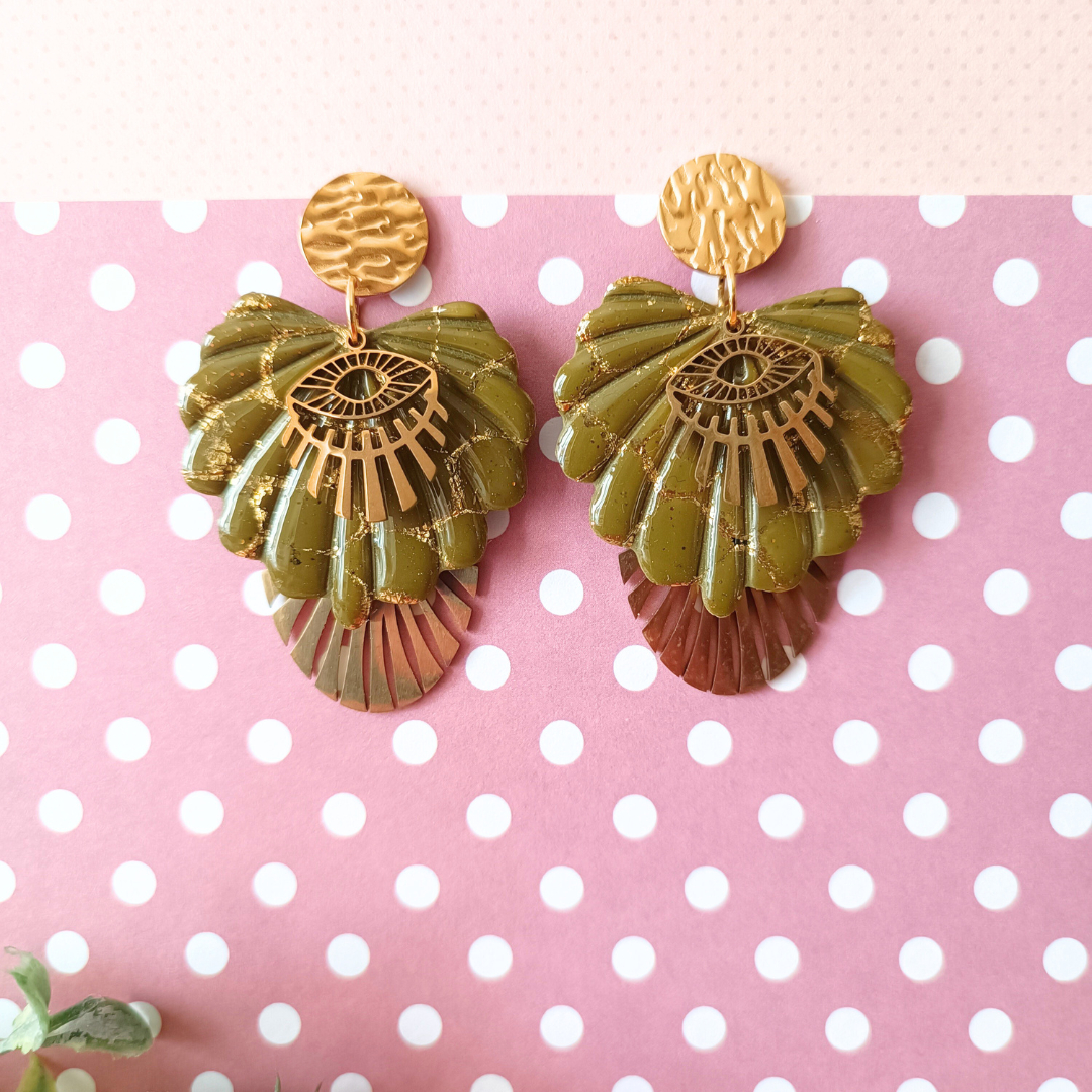 boucles d'oreilles bijoux fimo clouor doré acier inoxydable polymère oeil protecteur chance kaki design creatrice francaise vendee fait main artisanal createur léger