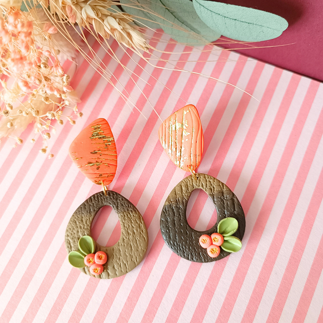 boucles doreilles clou acier inoxydable fimo argile polymere ovale fleur floral feuille or marron dégradé automne artisanal fait main vendee creatrice francaise