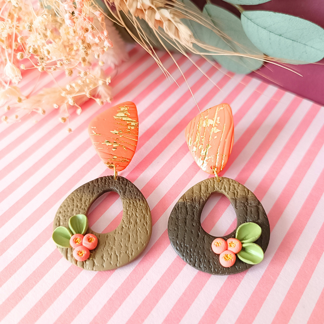 boucles doreilles clou acier inoxydable fimo argile polymere ovale fleur floral feuille or marron dégradé automne artisanal fait main vendee creatrice francaise