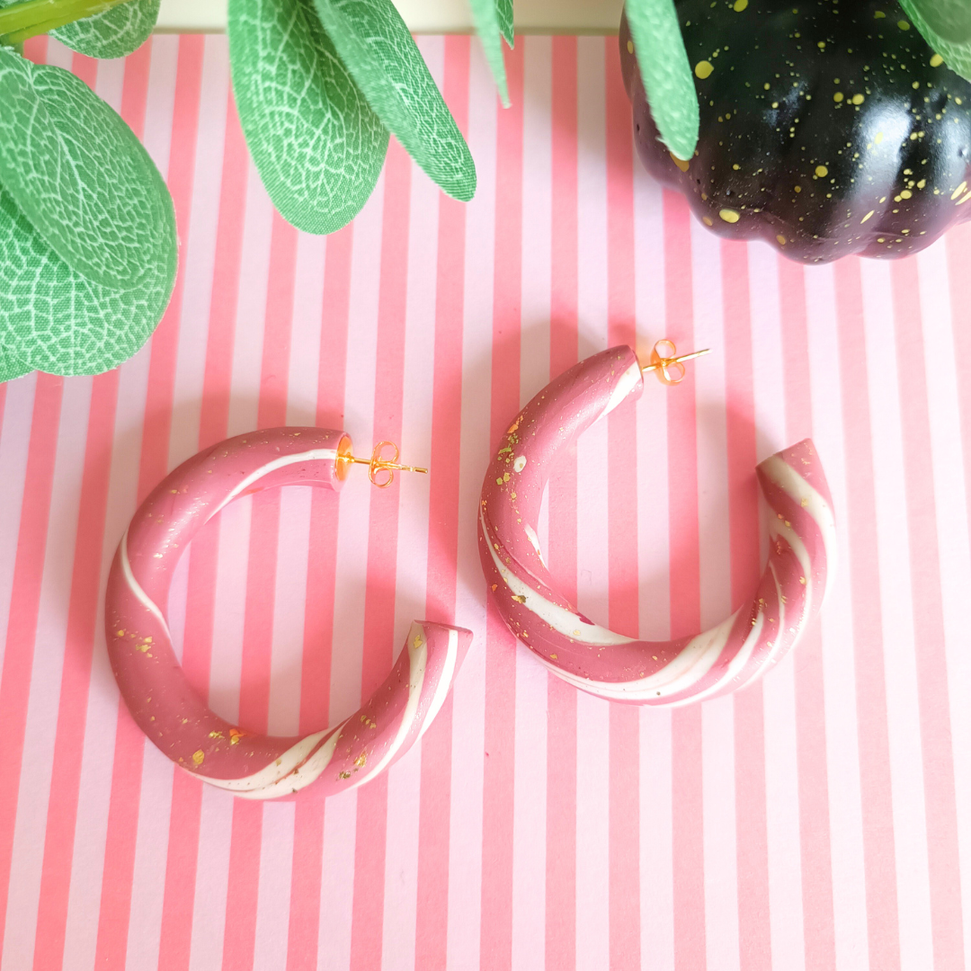 boucles doreilles grandes creoles argile polymere fimo clou acier inoxydable vieux rose blanc feuille or artisanal fait main vendee creatrice francaise