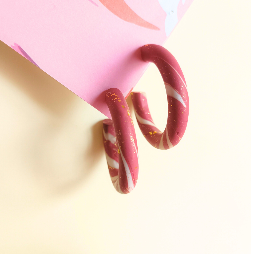 boucles doreilles grandes creoles argile polymere fimo clou acier inoxydable vieux rose blanc feuille or artisanal fait main vendee creatrice francaise