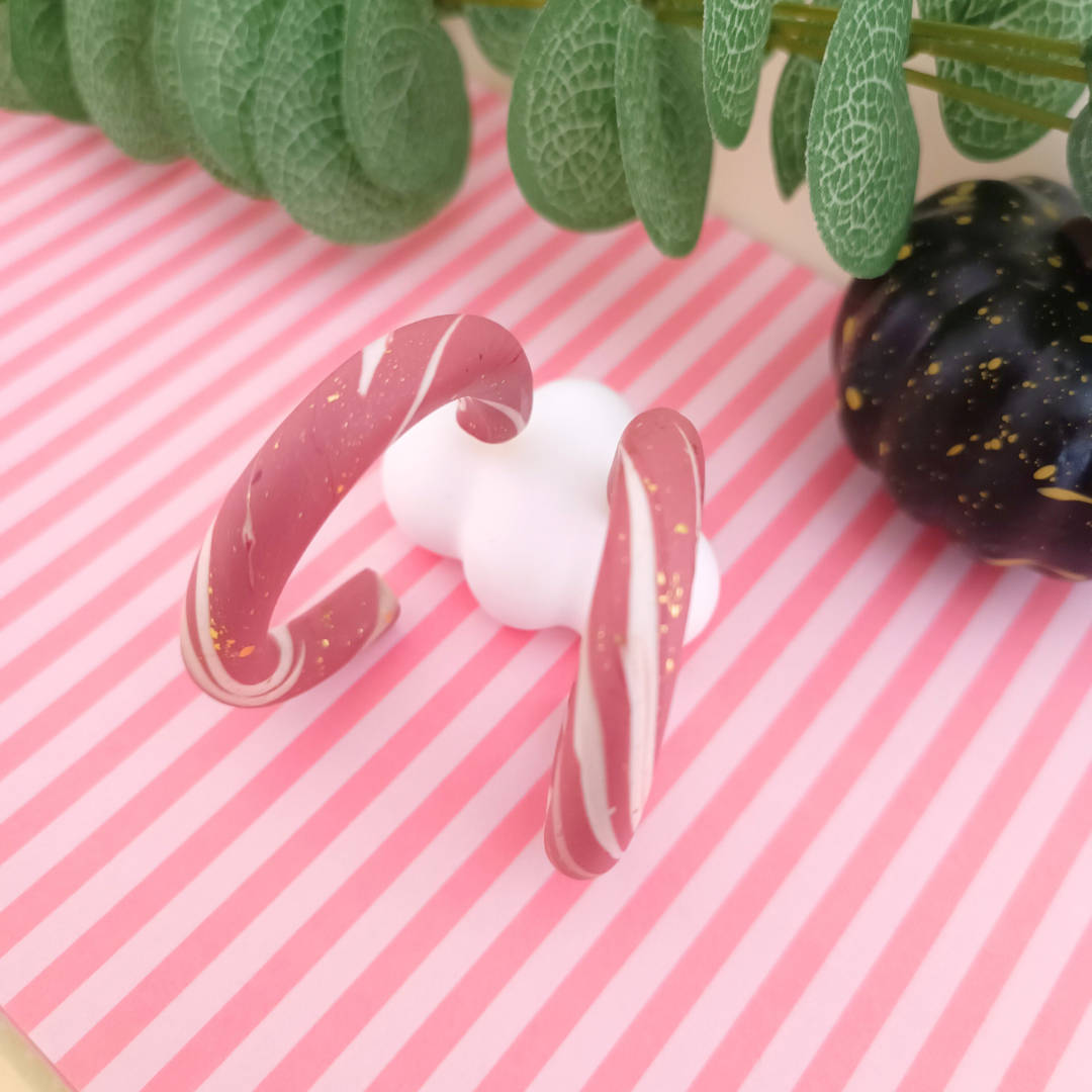 boucles doreilles grandes creoles argile polymere fimo clou acier inoxydable vieux rose blanc feuille or artisanal fait main vendee creatrice francaise