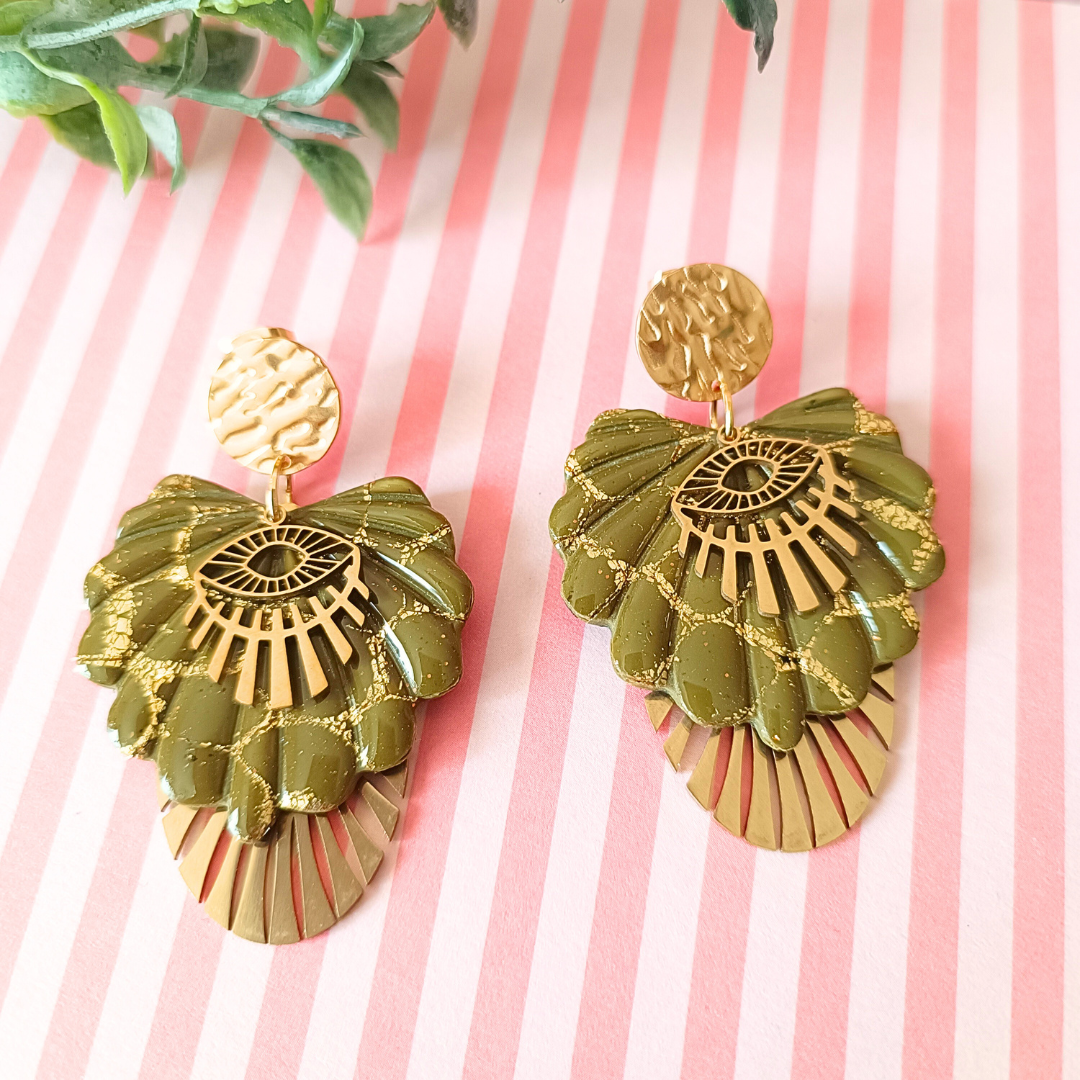 boucles d'oreilles bijoux fimo clouor doré acier inoxydable polymère oeil protecteur chance kaki design creatrice francaise vendee fait main artisanal createur léger