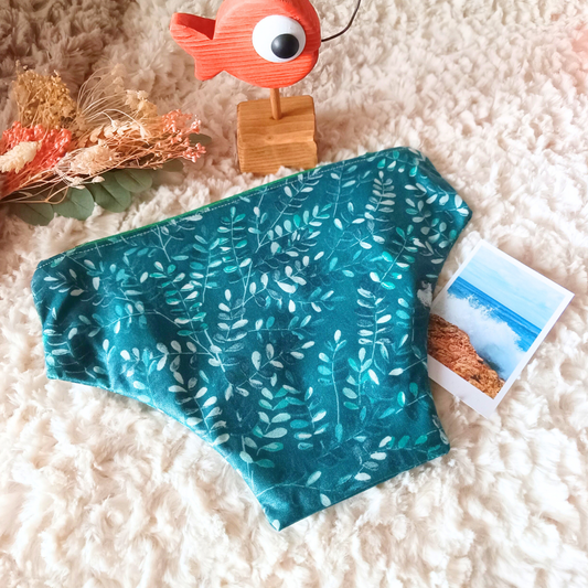 pochette trousse impermeable coton enduit doublee fermeture eclair zip maillot mouille protections hygieniques  fait main creatrice createur francais vendée feuillage bleu canard vert