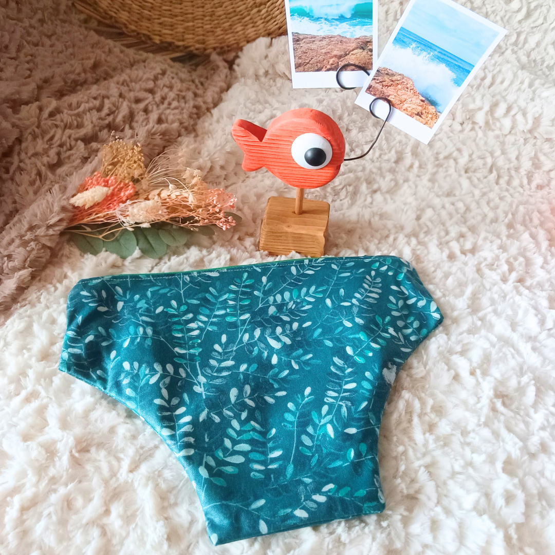 pochette trousse impermeable coton enduit doublee fermeture eclair zip maillot mouille protections hygieniques  fait main creatrice createur francais vendée feuillage bleu canard vert