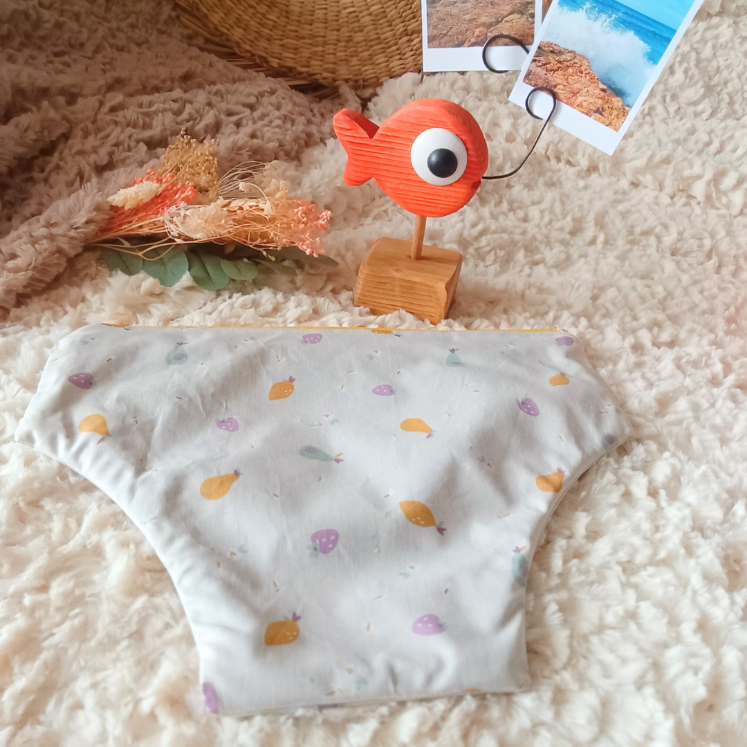 pochette trousse impermeable coton enduit doublee fermeture eclair zip maillot mouille protections hygieniques  fait main creatrice createur francais vendée gris fruits 